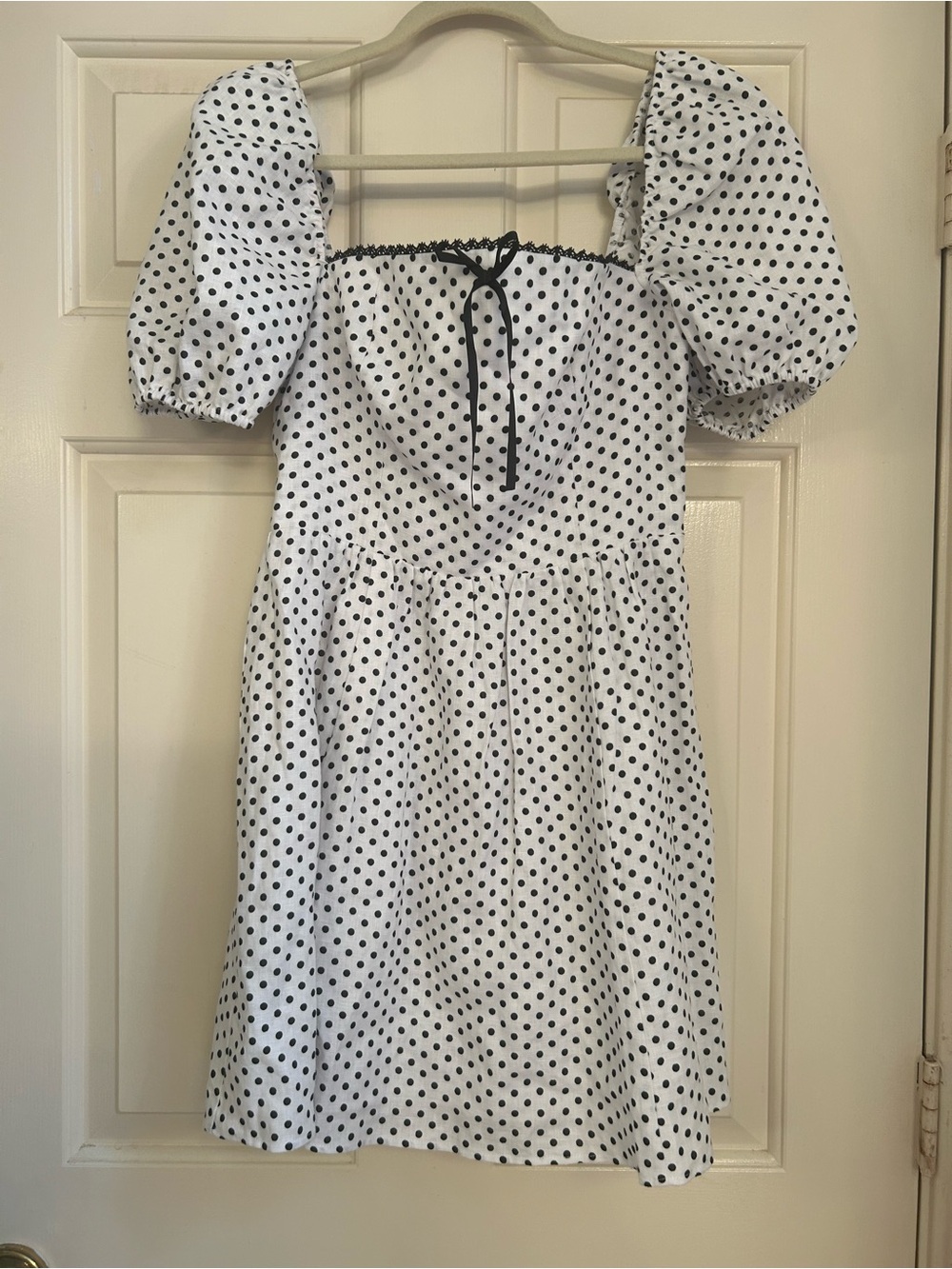 Reformation Malvina Mini Dress White Linen Black Polka Dot Size 6